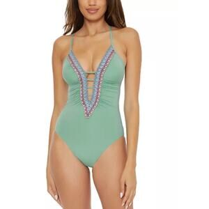 Becca Swim Fiesta Plunge Crochet Clare One-Piece Swimsuit Mineral Size Large NWT
